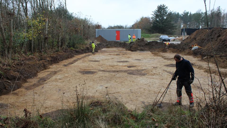 Den fundne vikingehal har været op mod 40 meter lang og 8-10 meter bred, og den har haft 10-12 egetræsstolper, som har båret taget. <i>Foto: Nordjyske Museer</i>