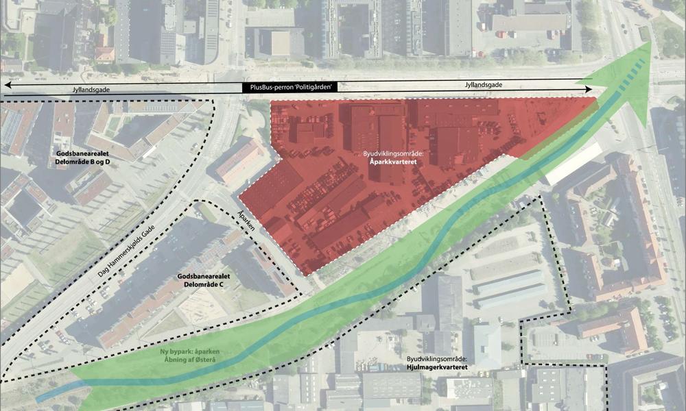 Det 23.000 kvm areal på Jyllandsgade i Aalborg - tæt ved banegård og busterminal og nabo til Godsbanearealet. Det 23.000 kvm areal på Jyllandsgade i Aalborg - tæt ved banegård og busterminal og nabo til Godsbanearealet.