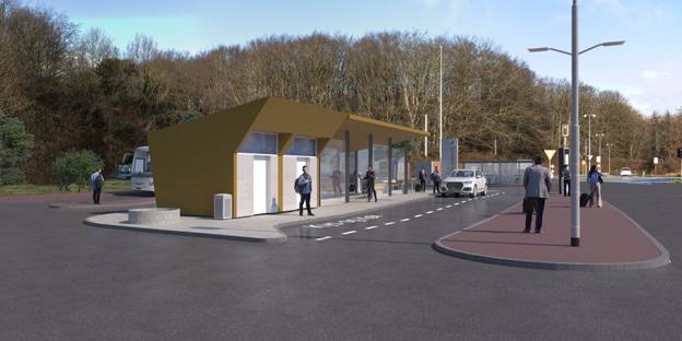Knudepunktet set fra syd med nye toiletbygninger og optimeret skiftezone. <i>Visualisering: Niras / Vejdirektoratet</i>