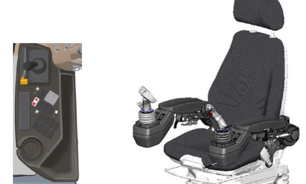 Joystickarna är integrerade i förarstolen och Maskinia utlovar förbättrad komfort. Joystickarna är integrerade i förarstolen och Maskinia utlovar förbättrad komfort.