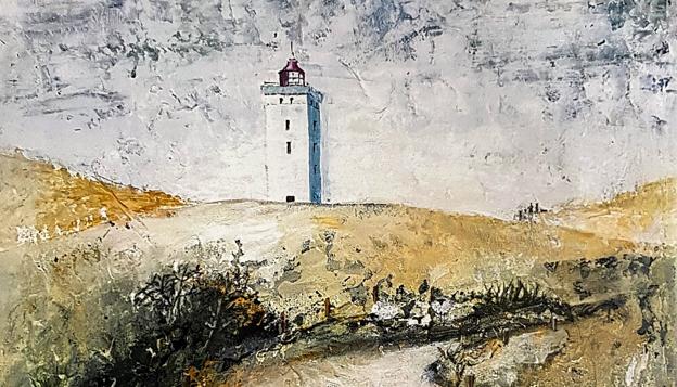 DitFinanshus har fået Trine Rubæks mor, Hanne Rubæk, til at male Rubjerg Knude Fyr, som de har valgt som et slags symbol for firmaet. <i>Foto: Kim Dahl Hansen</i>