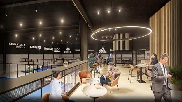 Padelcenteret kommer til at omfatte cirka 2000 kvadratmeter. <i>Visualisering: Signatura Architects</i>