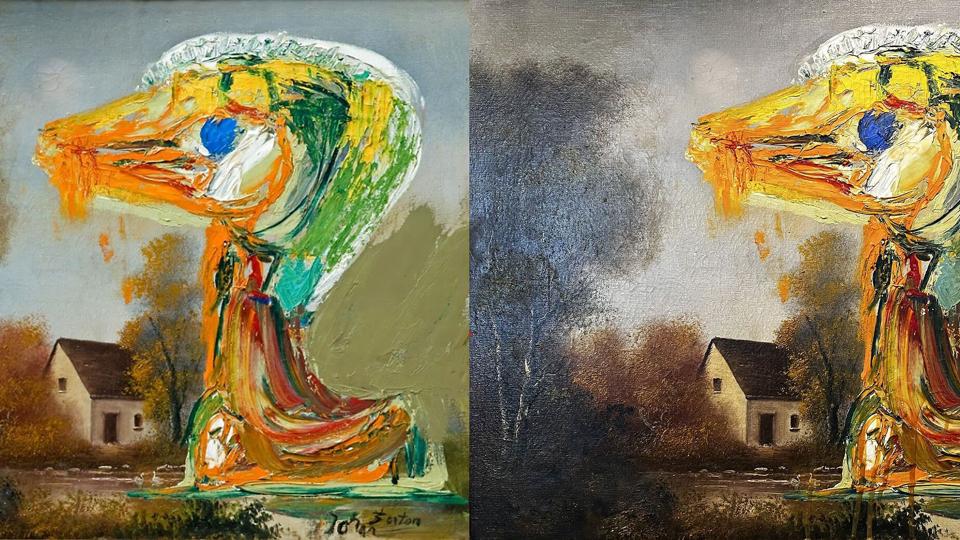 Maleriet "Den foruroligende ælling" af Asger Jorn blev sidste år udsat for hærværk. Provokunstneren bag har sagt, at det handlede om at tage ejerskab over det. Til venstre ses originalen, og til højre ses det efter hærværket med kontaktlim og tusch. (Arkivfoto). <i>Unknown/Ritzau Scanpix</i>