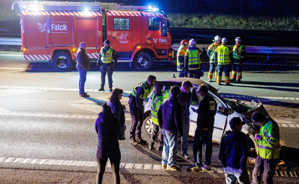 Trafikuheldet skete torsdag aften i det sydgående spor på E45 ved Hjallerup Enge. <i>Foto: Henrik Bo</i>