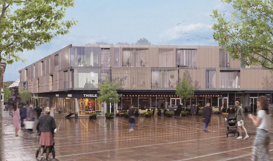 J. P. Jacobsens Centret, som det kan komme til at tage sig ud med en renoveret facade. <i>Visualisering: Bjerg Arkitektur</i>