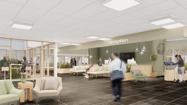 Reception for erhvervsvirksomheder på første sal i J. P. Jacobsen Centret - som arkitektfirmaet Bjerg Arkitektur forestiller sig den. <i>Visualisering: Bjerg Arkitektur</i>