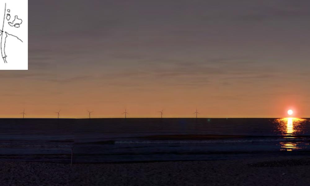 Visualisering af Vesterhav Syds 21 havvindmøller set fra stranden i Søndervig. Visualisering af Vesterhav Syds 21 havvindmøller set fra stranden i Søndervig.