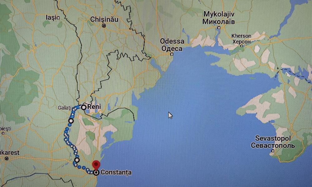 Här visas kanalvägen mellan Reni i Ukraina och Contanta i Rumänien.