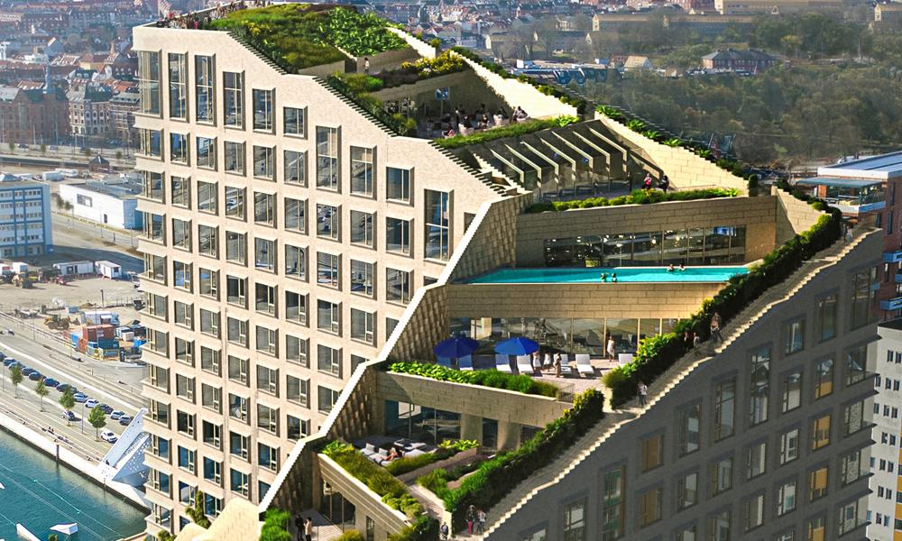 Hotel-bygningen på Aarhus Ø med en stor udvendig trappe inviterer alle aarhusianerne og gæster på besøg. Hotel-bygningen på Aarhus Ø med en stor udvendig trappe inviterer alle aarhusianerne og gæster på besøg.