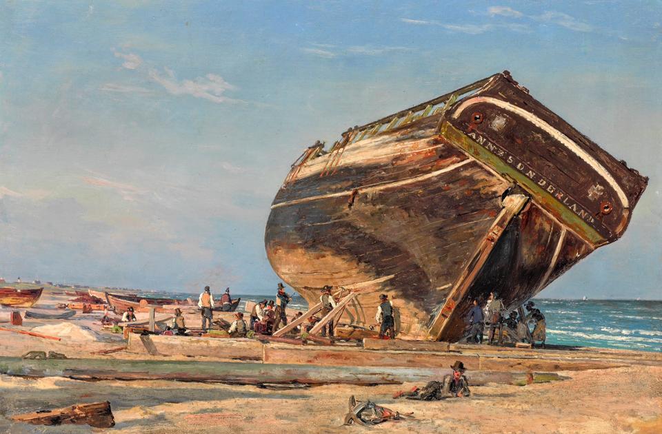 "Et stort skib under kalfatring ved Frederikshavn" af Martinus Rørbye.