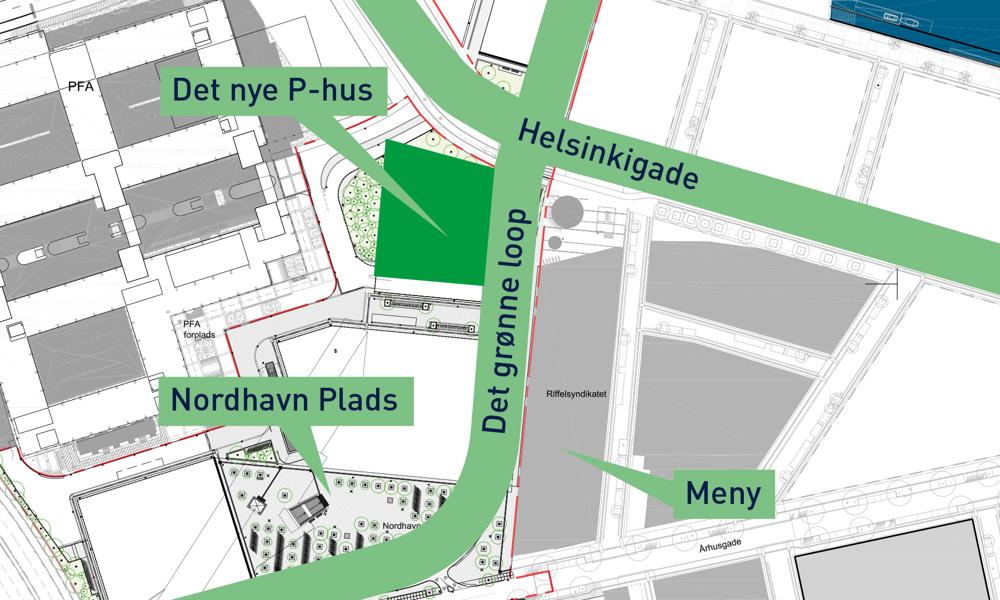 Nyt p-hus på vej i Nordhavn, København. Her ses placeringen ved Nordhavn Plads. Nyt p-hus på vej i Nordhavn, København. Her ses placeringen ved Nordhavn Plads.