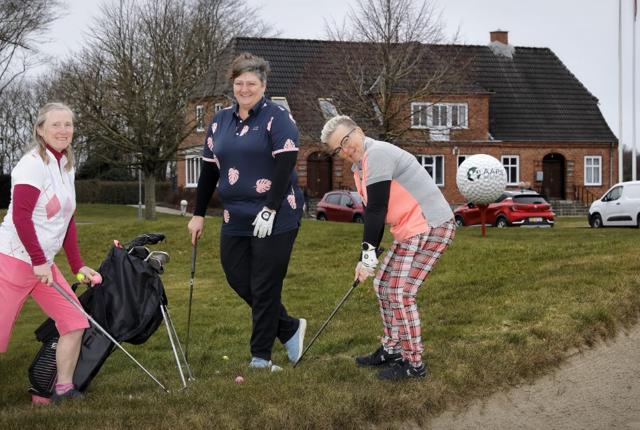 Det må godt være sjovt at spille golf . Det slår Aase Vestergaard (tv.) og andre kvinder i en himmerlandsk golfklub nu et stort slag for. 