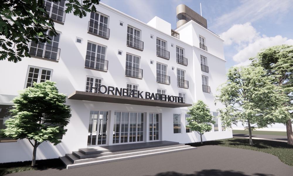 Hovedindgangen til det kommende Hornbæk Badehotel. Hovedindgangen til det kommende Hornbæk Badehotel.