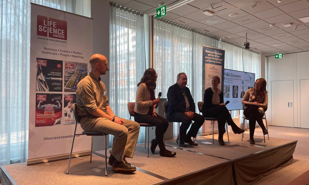 Panel discussion at the Lab & Diagnostics of the Future meeting. From left: Andreas Resar, Therese Sundell, Ulf G Andersson, Anna Lindstrand and moderator Lucy J Robertshaw. 