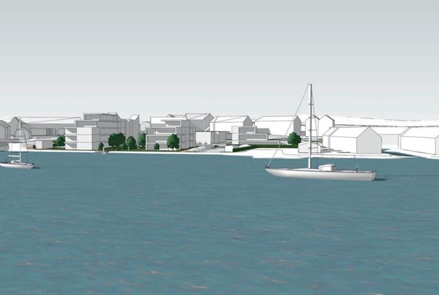 Sådan kan et nyt byggeri i fem etager komme til at tage sig ud ved fjorden i Hadsund. Politikerne i teknik og miljø afgør, om det er o.k.
