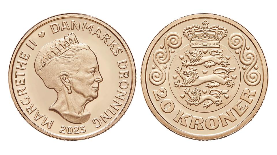Den nye 20-krone med portræt af dronning Margrethe. (Pressefoto). <i>Nationalbanken/Free</i>