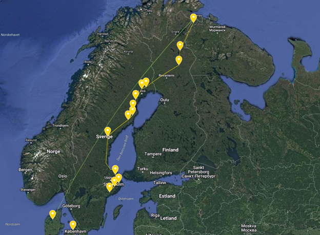 Med GPS kan man tydeligt se ruten, som havørnen Lisbeth har taget fra Vilsted Sø til Nordnorge. <i>Kort: DOF</i>