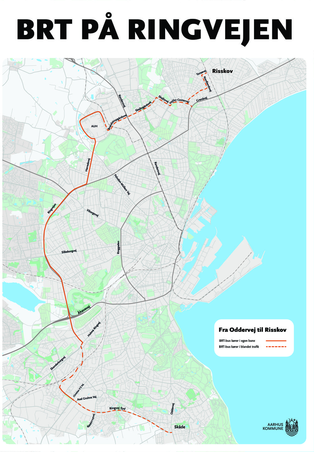 Forventet rute for BRT-busser på Ringvejen i Aarhus. Forventet rute for BRT-busser på Ringvejen i Aarhus.
