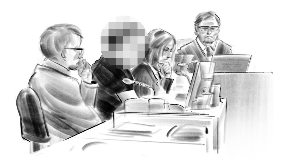 Retstegning af den 37-årig mand (med sort t-shirt), der er tiltalt for at have voldtaget, dræbt og parteret Mia Skadhauge Stevn, under retssagen i Retten i Aalborg onsdag den 7. juni 2023. (Foto: Jesper Andkjær/Scanpix 2023) <i>Ritzau Scanpix</i>