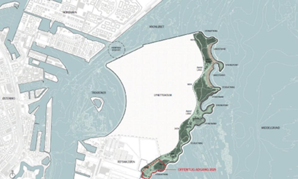 Lynetteholms kystlandskab skitseret med den første del markeret som udsnit af det fulde kystlandskab. I alt vil kyslandskabet strække sig over 60 hektar, mens det første der åbner for offentligheden i 2029 vil være mellem 5 og 6 hektar.