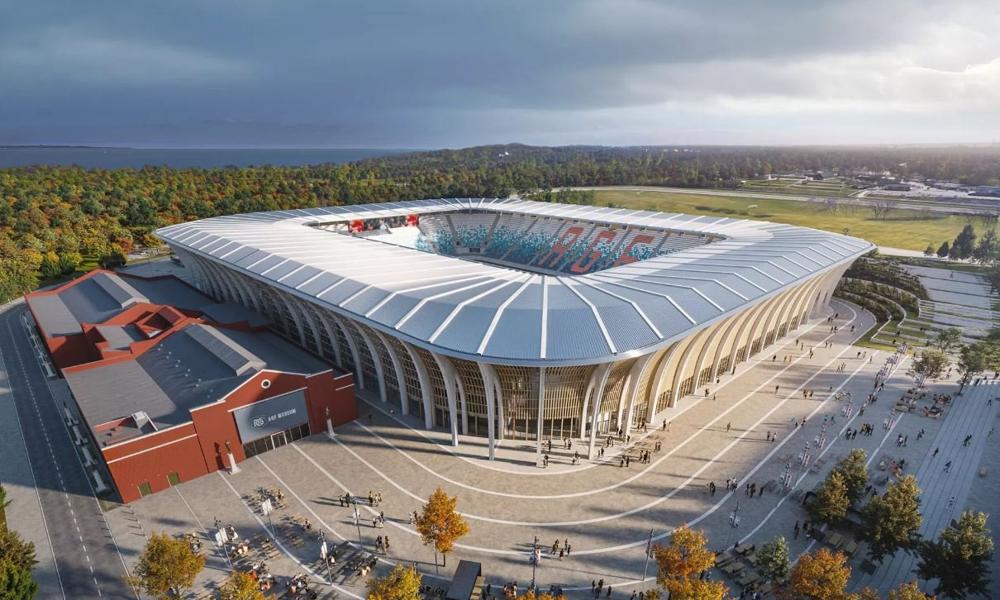 Aarhus' nye store fodboldstadion som det ser ud i arkitektens streg. Aarhus' nye store fodboldstadion som det ser ud i arkitektens streg.