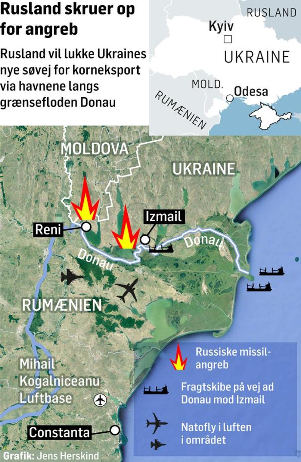 Politiken bringer denne grafik, som viser, hvor havnebyerne langs Donau ligger nær den rumæsnske grænse, og hvor de russiske angreb finder sted Politiken bringer denne grafik, som viser, hvor havnebyerne langs Donau ligger nær den rumæsnske grænse, og hvor de russiske angreb finder sted