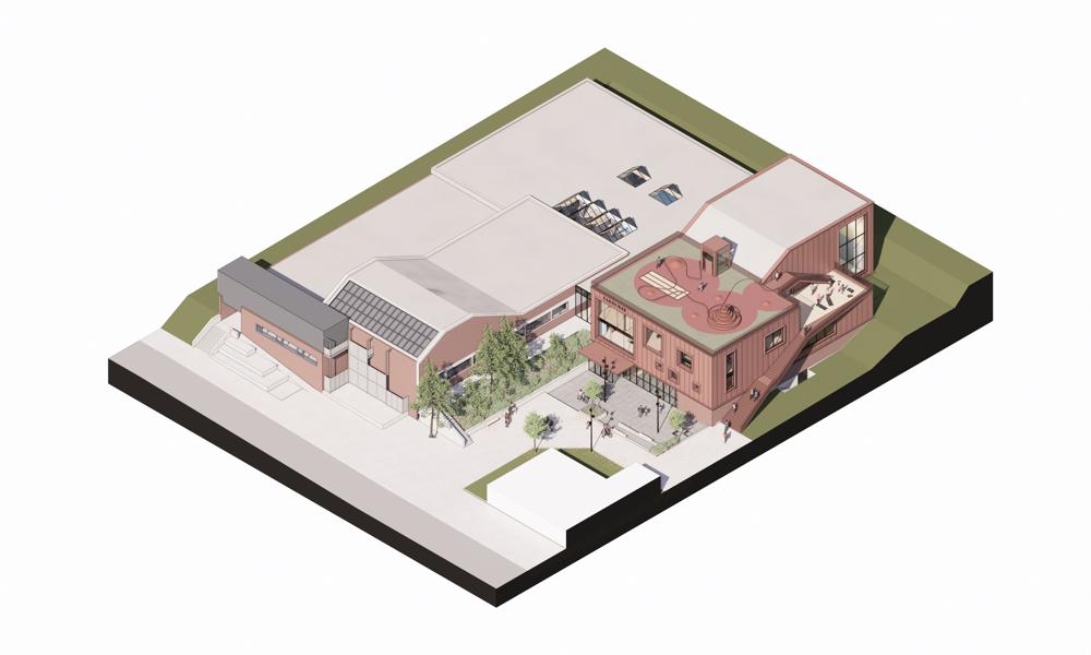 Vandvirke, udvidelsen af Skanderborg svømmehal, føjer nye 2.800 kvm i tre plan til komplekset. Illustration: Friis & Moltke Vandvirke, udvidelsen af Skanderborg svømmehal, føjer nye 2.800 kvm i tre plan til komplekset. Illustration: Friis & Moltke