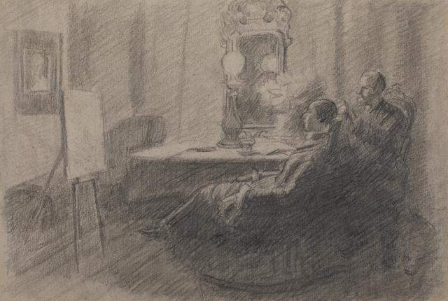 Skitse til "Dagens arbejde bedømmes", som blev til et fælles maleri skabt af Anna og Michael Ancher, som forestiller dem selv.