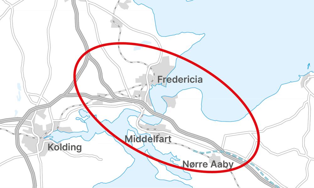 Undersøgelsesområdet for en ny forbindelse over Lillebælt. Undersøgelsesområdet for en ny forbindelse over Lillebælt.