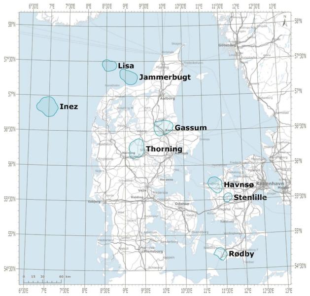 De otte områder, hvor der kan lagres CO2 i dansk undergrund. De kystnære områder er ikke med i denne ansøgningsrunde. 