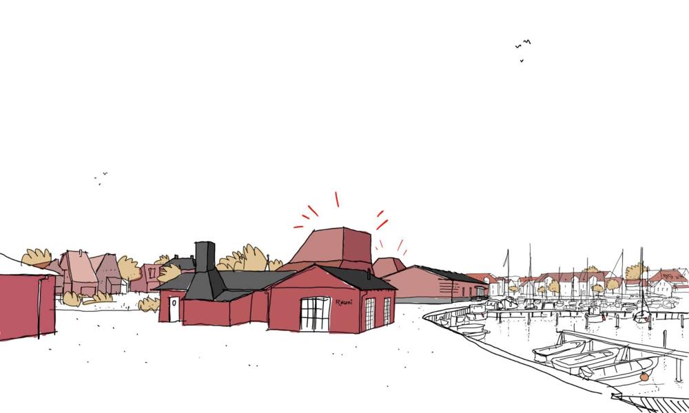 Udvidelsen - her set fra Faaborg Røgeri - bygger videre på havnens sammensatte karakter med bygning på bygning i røde farver.