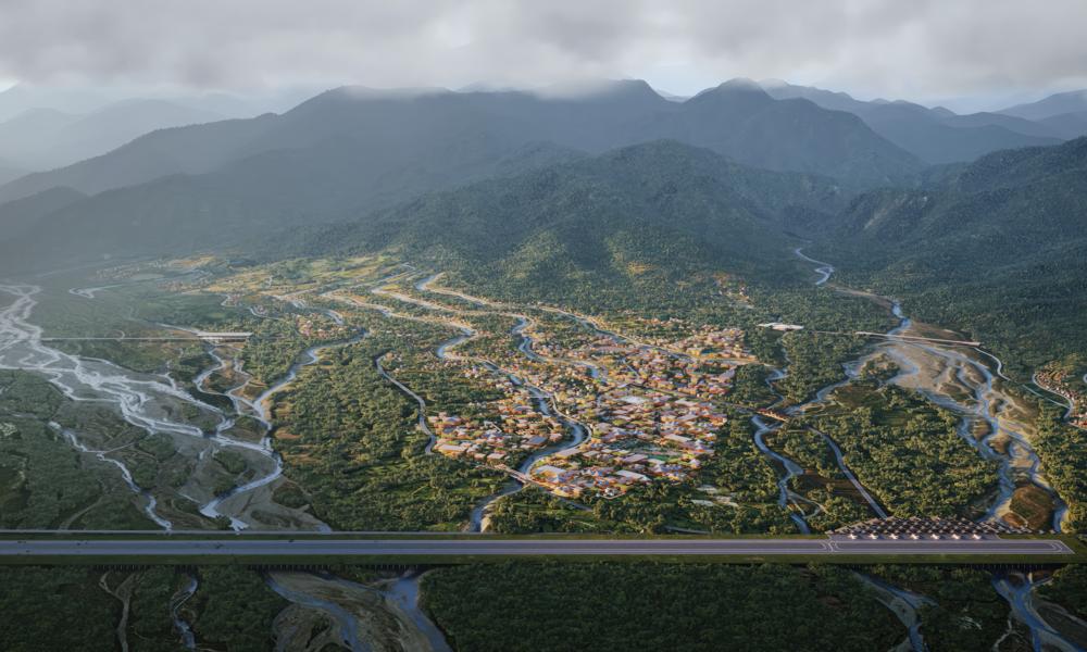 Byplanområdet Gelephu Mindfulness City i Bhutan etableres efter landskabet. Byplanområdet Gelephu Mindfulness City i Bhutan etableres efter landskabet.