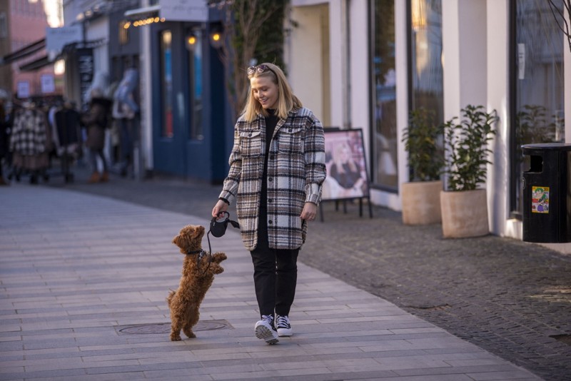 Maja Haugaard elsker at gå tur med sin lille hund Keld i Nørregade. Foto: Martél Andersen