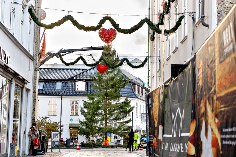 Juletræet med sin pynt. I morgen, lørdag, bliver træet officielt tændt, når julemanden er i byen.