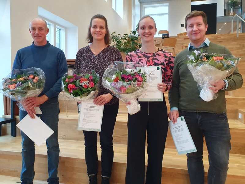 Fire nye klima- og bæredygtighedsrådgivere i LandboNord. Fra venstre: Planteavlskonsulent Jens Lyhne Kristiansen, kvægrådgiver Amalie Helene Bonnerup, griserådgiver Nina Roland Simonsen og planteavlskonsulent Emil Bollerup Christensen