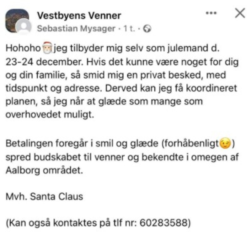 Sebastian Mysager vil kickstarte sin juleglæde ved at tilbyde sig selv som julemand for børnefamilier Juleaften.