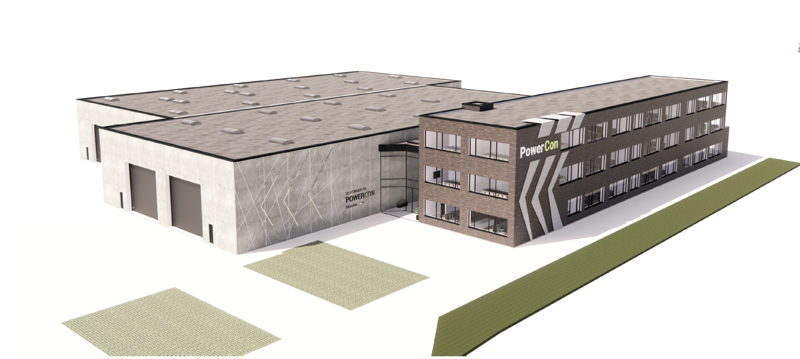 Skitse af Powercons nye domicil på Jyllandsvej i Hobro. Totalentreprenør er DS Flexhal i Hobro.