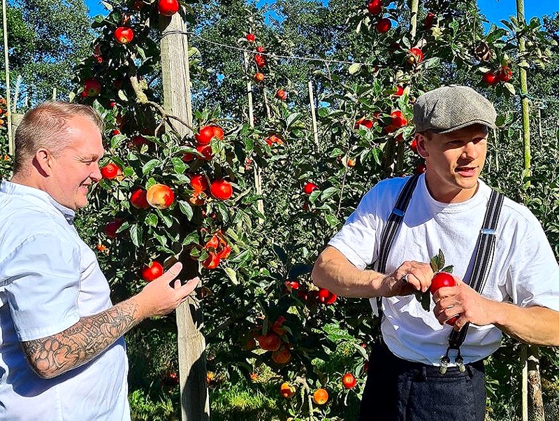 Jack Cramer og Karl-Emil Lenschau Sams i æbleplantagen i sensommeren sidste år.